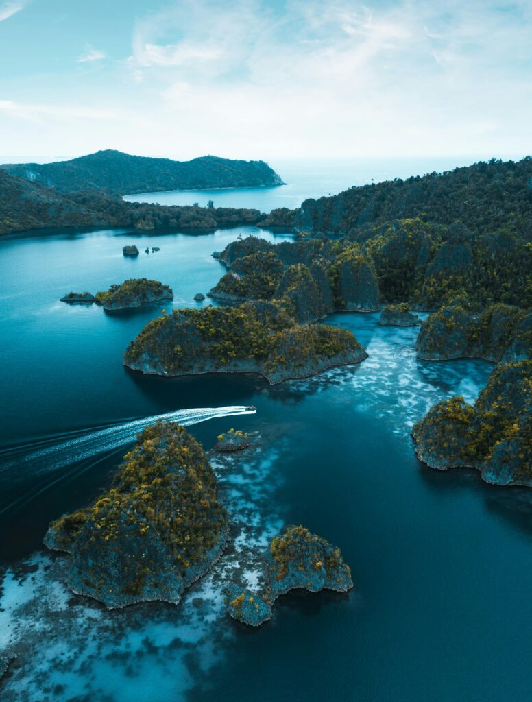 Stunning aerial view of Raja Ampat's blue waters and unique rock formations in West Papua, Indonesia.